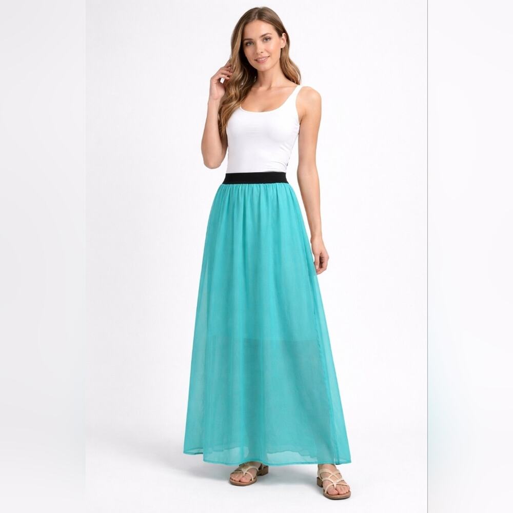 Teal Sheer Pleated Maxi Skirt Black Waistband sz L Fairycore